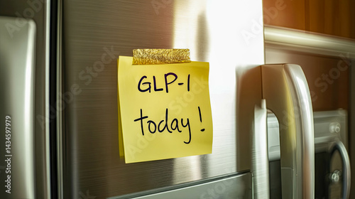 Reminder note on a refrigerator indicating GLP-1 medication to be taken today for health management purposes