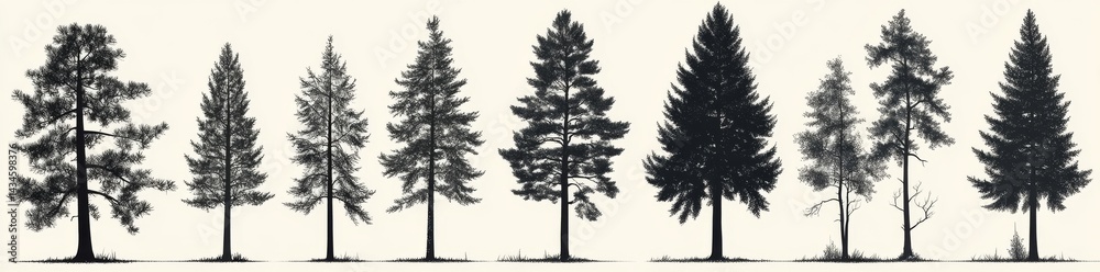 Fototapeta premium Isolated and hand-drawn, bare tree silhouettes are depicted on a white background, showcasing dead trees, including a ghost tree with a scary face for Halloween