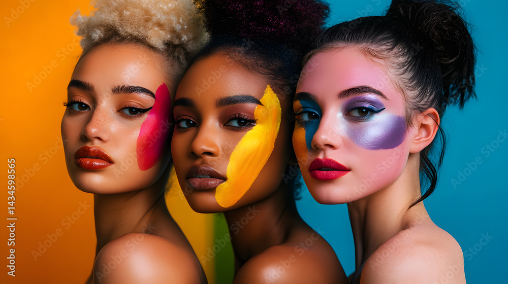Obraz premium Three diverse women with vibrant face paint pose against colorful background, showcasing creativity and unity