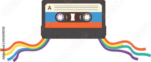 Vintage audio cassette with colorful rainbow tape flowing out creative vector illustration
