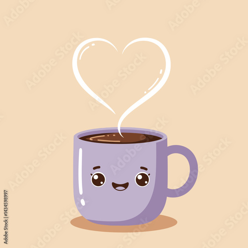 Cute coffee cup with heart shaped steam vector illustration in purple color on beige background 