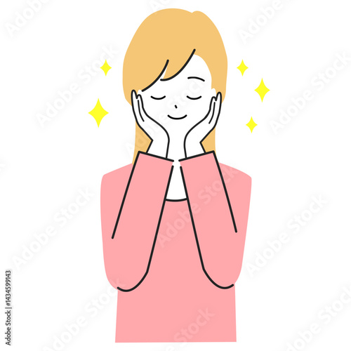 頬に両手を当てて満足している若い女性のイラスト