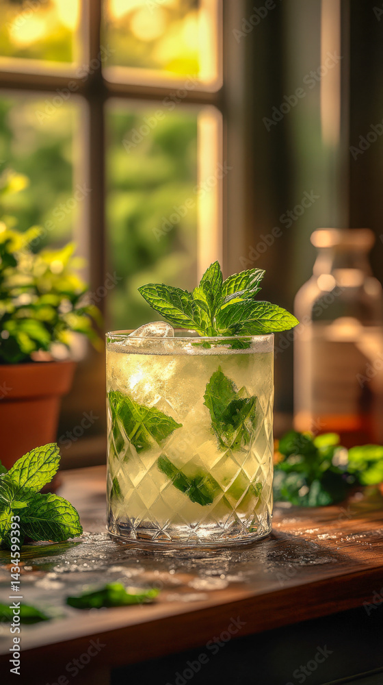 Fototapeta premium Mint leaves enhance refreshing mojito cocktail in bright kitchen setting with lush greenery on the side