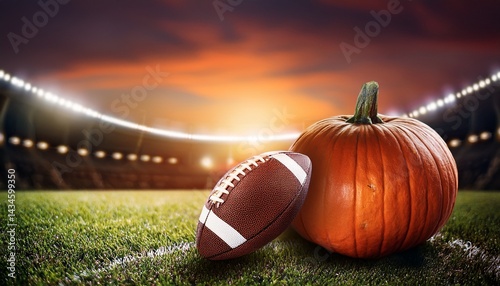 Fototapeta Naklejka Na Ścianę i Meble -  Thanksgiving Football and autumn sports ball as an American sport during the Fall season or field goal and a touchdown on a field with Halloween pumpkin