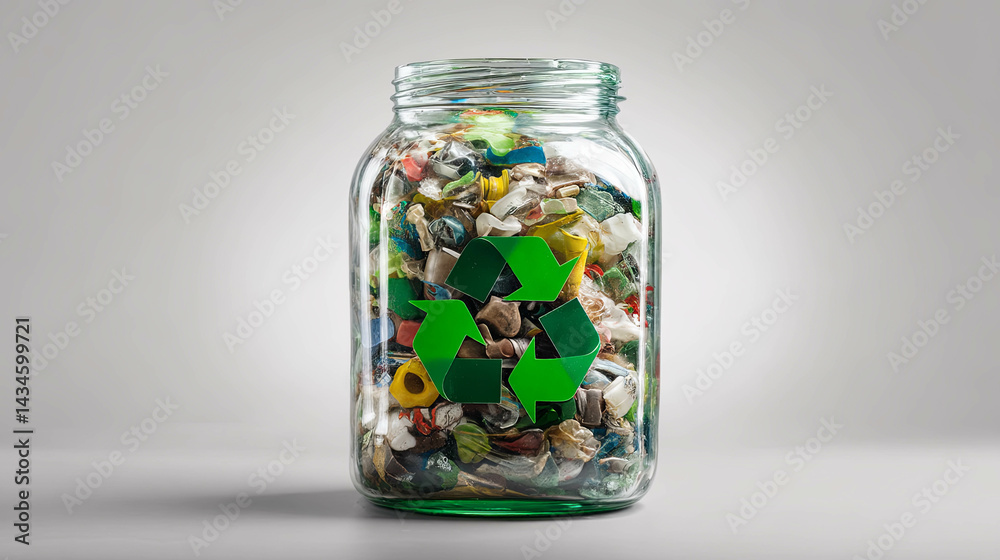 Glass jar filled with various waste items highlights sustainable waste management and recycling practices, promoting eco-friendly habits
