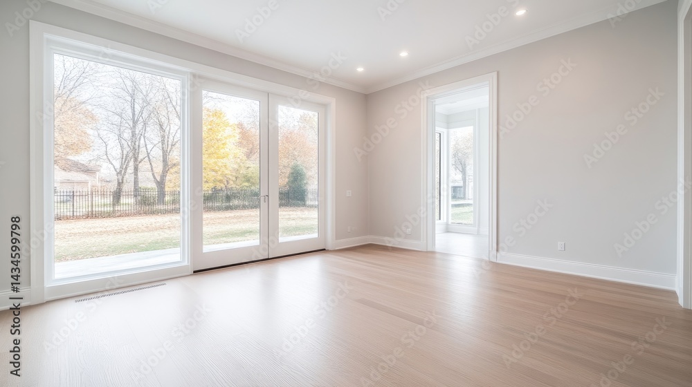 Empty sun-drenched room with large windows Empty sun-drenched room with large windows
