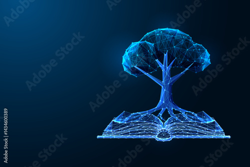 Digital education and knowledge growth concept with glowing tree and open book, vector illustration