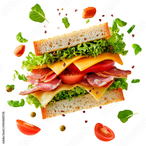 Delicious sandwich with layers of salami, cheese, lettuce, and tomato isolated on a transparent background. Fresh ingredients such as greens, nuts, and spices are flying around.