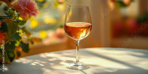 Golden hour light illuminating a glass of rose wine on a table surrounded by vibrant flowers