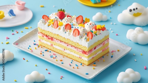 Colorful layered cake with strawberries and sprinkles, displayed on a light plate. photo