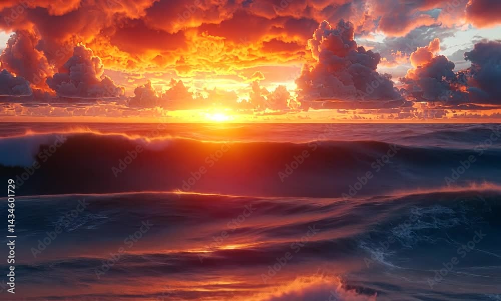 Stunning sunset over a tranquil ocean, with vibrant clouds reflecting on the water surface