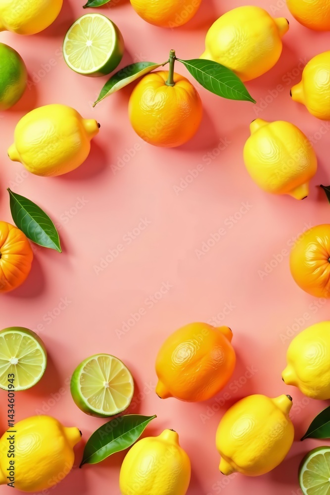 Seamless pattern of lemons, oranges, and limes on pink backdrop, oranges, lemons Seamless pattern of lemons, oranges, and limes on pink backdrop, oranges, lemons