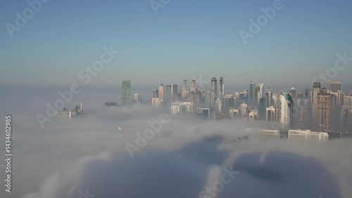 Aerial video from a high angle of fog in Dubai