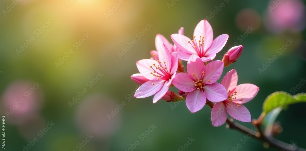 Fototapeta premium Soft focus on delicate pink flowers in bloom on plant stem, gardening, macro