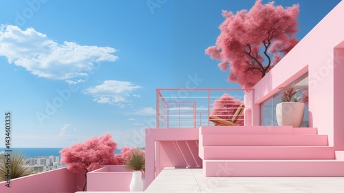 Pink flowers, a beautiful bouquet against the blue sky, decorate the balcony