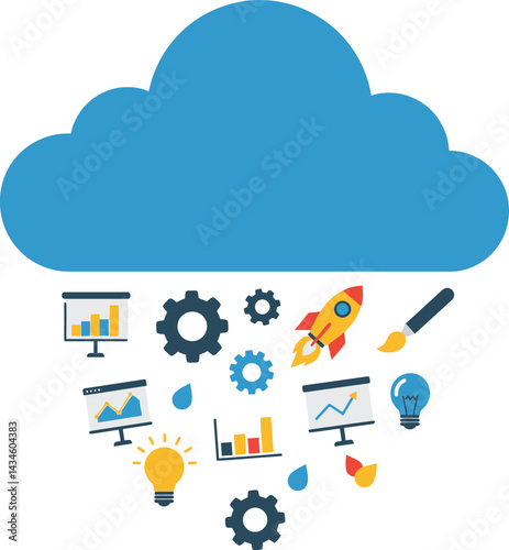 Cloud computing concept with falling business, technology, and innovation icons vector illustration 
