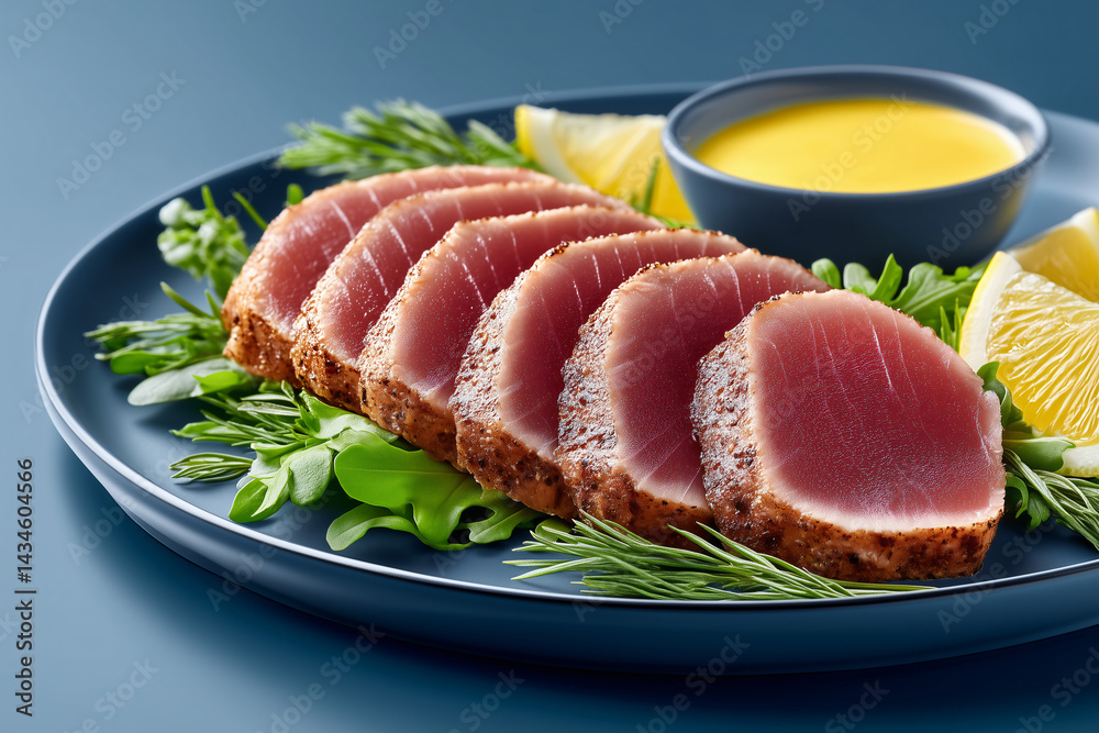 Seared Tuna Platter: The culinary delight of perfectly seared tuna slices arranged artfully on a platter, accompanied by fresh herbs and vibrant lemon wedges. Seared Tuna Platter: The culinary delight of perfectly seared tuna slices arranged artfully on a platter, accompanied by fresh herbs and vibrant lemon wedges.