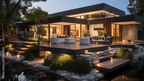Luxury home architecture boasts wooden accents under the morning sky and overlooks a serene lake reflecting the night lights