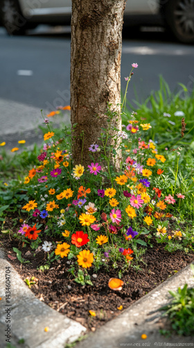 Vibrant wildflowers bloom in tree pit, enhancing urban nature and bringing color to city streets