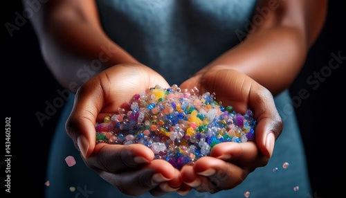 Microplastics In Humans as tiny plastic particles as a person holding the contaminants as a health concern from ingestion inhalation or dermal transfer from contaminated water air or food or chemical