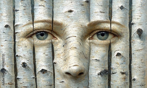 A woman's face subtly emerges from behind a birch tree bark pattern, creating a captivating illusion of nature and humanity intertwined
