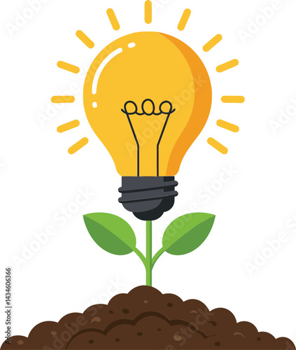 Light bulb growing from soil with green leaves symbolizing eco friendly energy and sustainable growth vector illustration bright yellow 