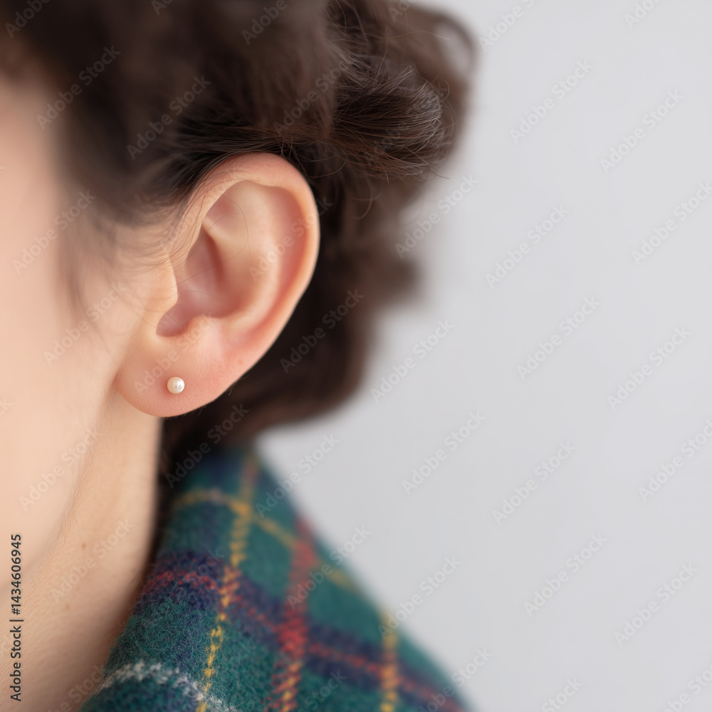 Fototapeta premium Close-up of Ear with Pearl Stud Earring and Plaid Fabric