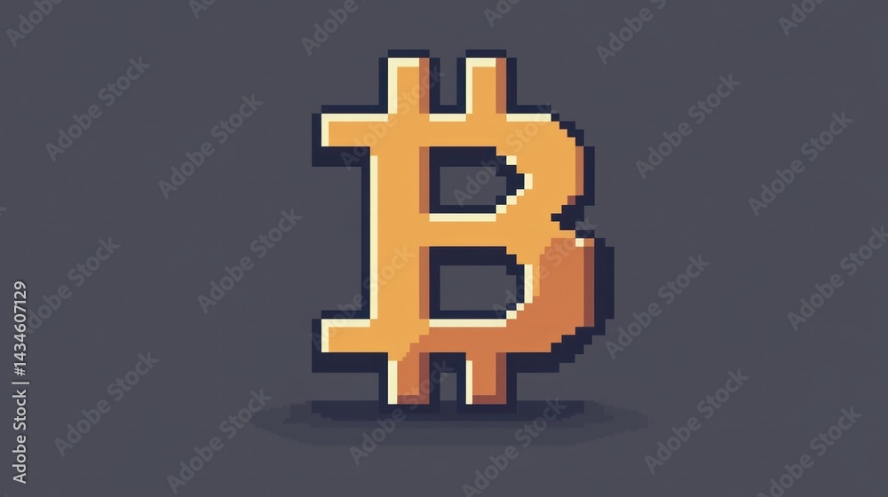 Obraz premium Bitcoin Pixel Art Golden cryptocurrency on a grey background, showcasing digital finance