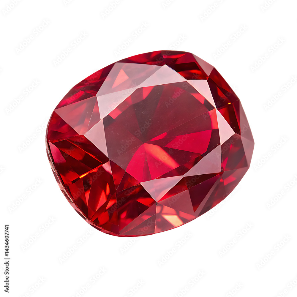Faceted red ruby gemstone sparkling with internal fire isolated on white background Faceted red ruby gemstone sparkling with internal fire isolated on white background