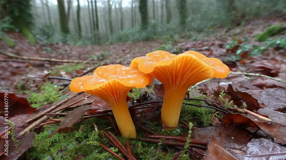 Close up of bright orange chanterelle mushrooms growing amongst leaves and moss in a forest setting on a cloudy day. Close up of bright orange chanterelle mushrooms growing amongst leaves and moss in a forest setting on a cloudy day.