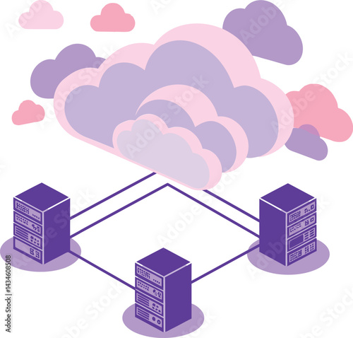 Cloud computing network with purple and pink clouds connecting multiple servers in isometric style vector illustration 