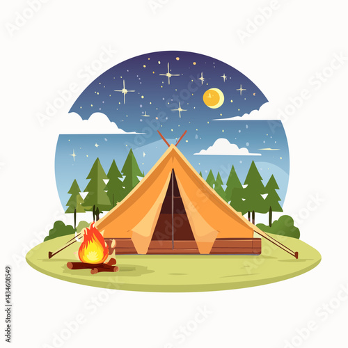 A camping scene with a tent, firepit, and star-filled sky.
