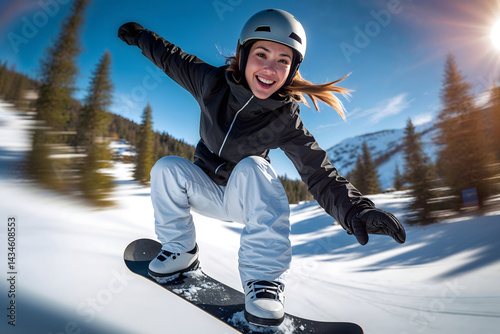 A young woman is snowboarding on a special track.
