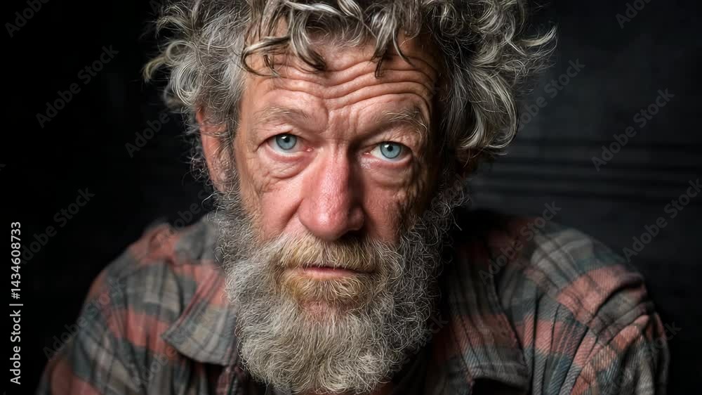 Portrait of an older man with a weathered face, striking blue eyes, and a long gray beard against a dark background, wearing a plaid flannel shirt.