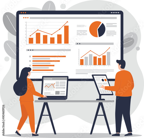 Business analytics team analyzing orange charts on multiple digital devices with graphs and reports in office setting 