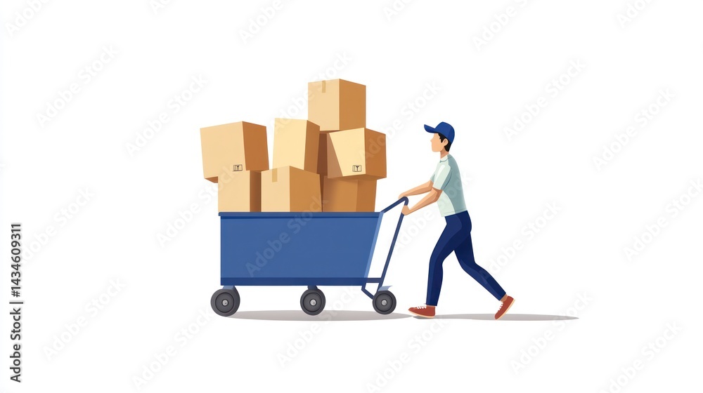 Delivery man pushing cart with boxes Delivery man pushing cart with boxes