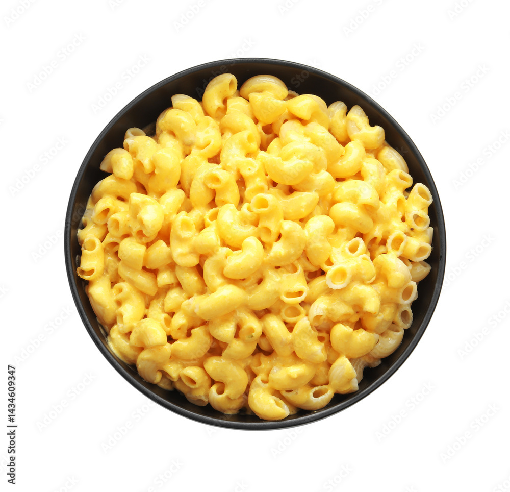 Delicious pasta with cheese sauce in bowl isolated on white, top view Delicious pasta with cheese sauce in bowl isolated on white, top view
