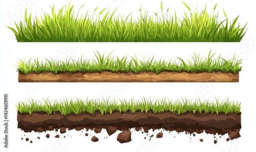 Three horizontal illustrations of green grass with different levels of soil underneath