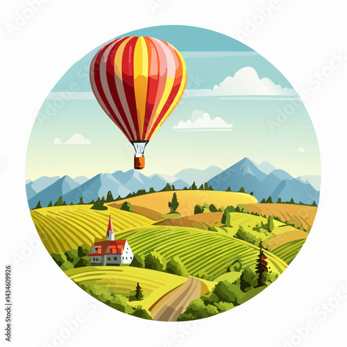 A hot air balloon drifting over a patchwork countryside.
