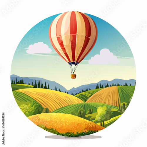 A hot air balloon drifting over a patchwork countryside.
