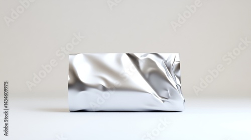 Crumpled Foil Package Minimalist Style High-resolution Rendering Frontal View Metallic Texture Abstract Form Neutral Background Silver Tones Product Mockup extra details included