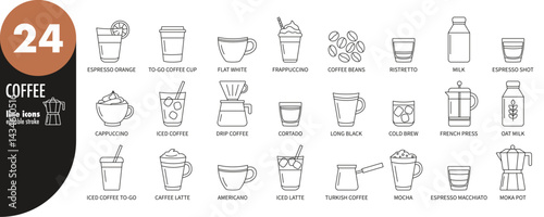 Coffee - editable stroke thin line icons set.Espresso, cappuccino, mocha, moka, latte, iced coffee, cortado, filter coffee, americano, Turkish coffee, French press, coffee cup, vector illustration