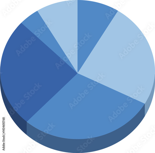 Blue pie chart infographic with various segments showing data distribution in 3d style vector illustration 