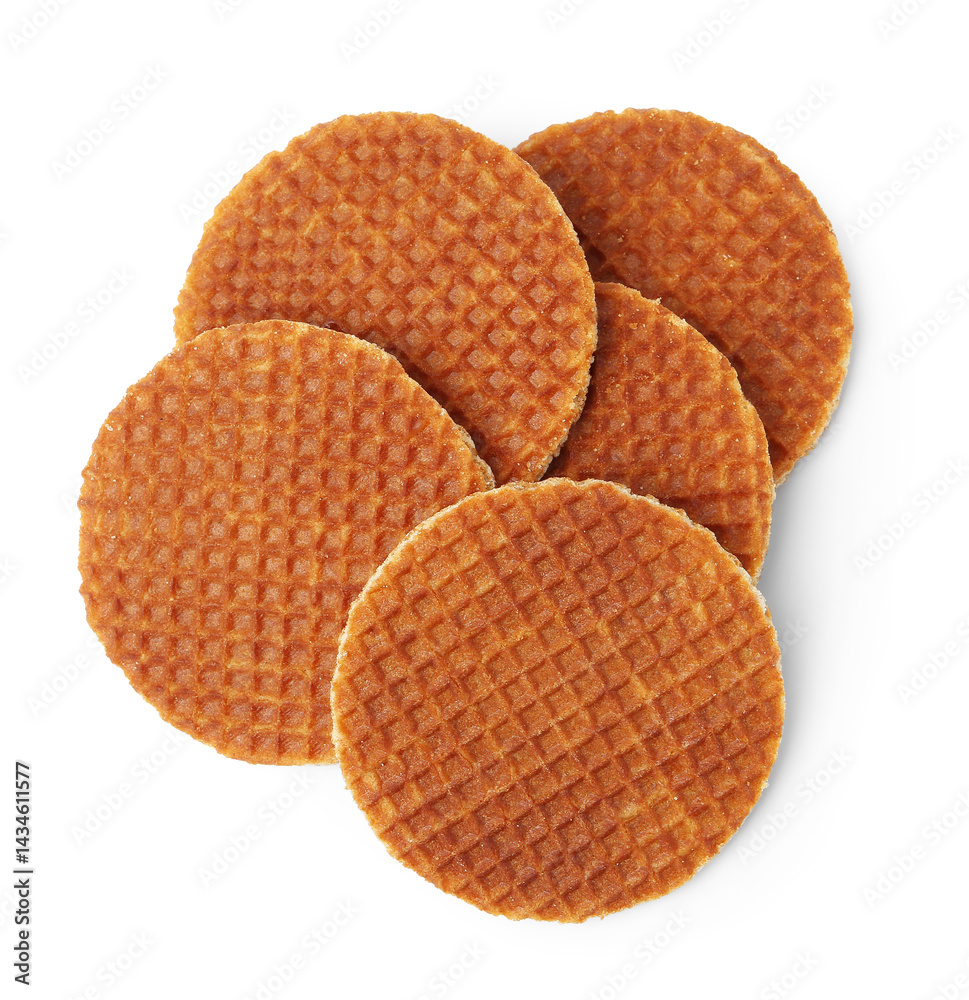 Tasty round waffles isolated on white, top view