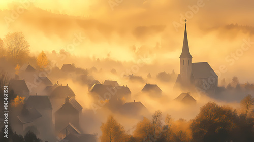 Village veiled in morning fog, the church spire a beacon amidst the soft golden light. Veiled Spire. Illustration