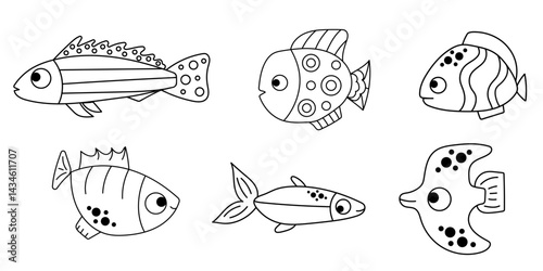 Doodle fish set. Tropical doodle fish. Exotic