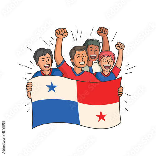 Panama Football fans support with flag. People Cricket match enjoy, celebrating game together. Flat vector illustration