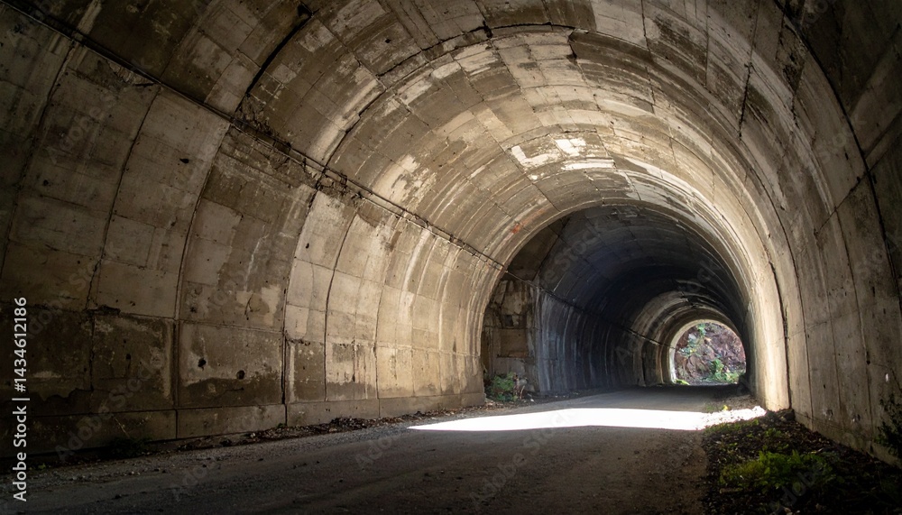Obraz premium Low-angle photo of a massive, aged concrete tunnel with jagged cracks and a single beam of light leaking through
