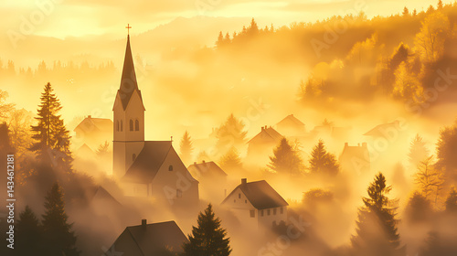 Village veiled in morning fog, the church spire a beacon amidst the soft golden light. spire. illustration. Veiled Spire. Illustration