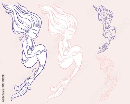 Whimsical cute fairy tale undersea little mermaid in vector with and without outline, children's symbol, logo. Hand drawn illustration pink and blue colors. Sea siren for Kids, element or apparel